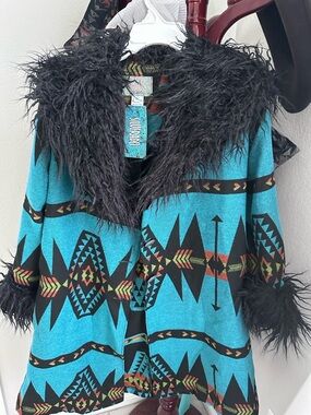 Silverado Teal Aztec Wool Jacket with Black Faux Fur Trim